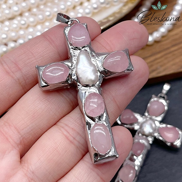 38*65 мм Цвет серебро, Подвеска крест Жемчуг, Розовый кварц в обрамлении