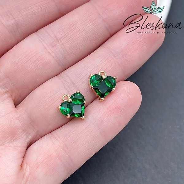 10*9,5 мм Цвет золото, Подвеска Сердце зеленые цирконы