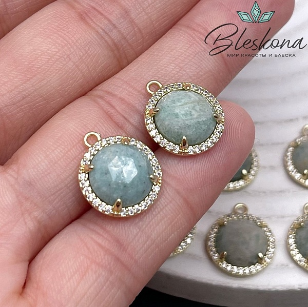 13 мм, цвет золото Подвеска круг Амазонит огранка в обрамлении цирконы