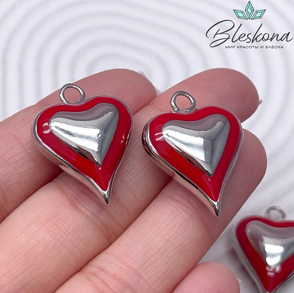 26,5*20 мм Цвет серебро, Подвеска Сердце красная эмаль