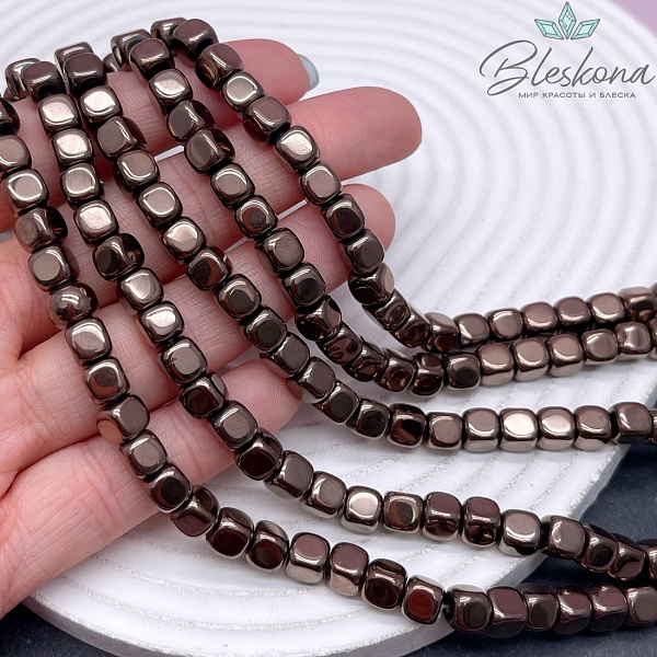 6 мм Гематин, куб округленные стороны, коричневый (шоколадный) имитация 