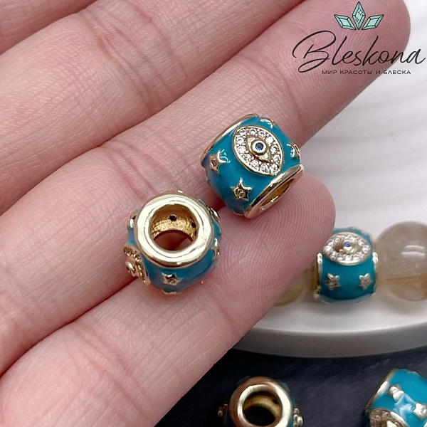 9*11 мм Цвет золото, Бусина бочонок глаз цирконы голубая эмаль