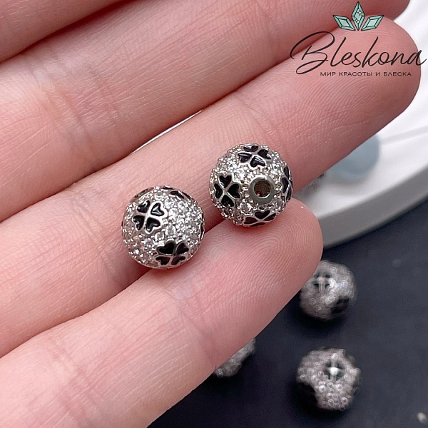 9,5 мм Цвет серебро, Бусина шар клевер цирконы черная эмаль