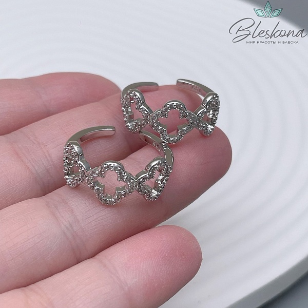 20 мм Цвет серебро, Кольцо безразмерное 3 клевера цирконы Люкс