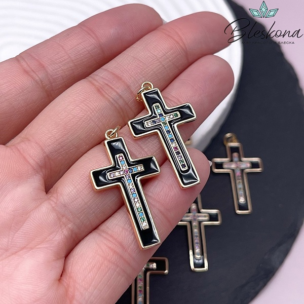 31,5*18 мм Цвет золото, Подвеска Крест черная эмаль цирконы микс