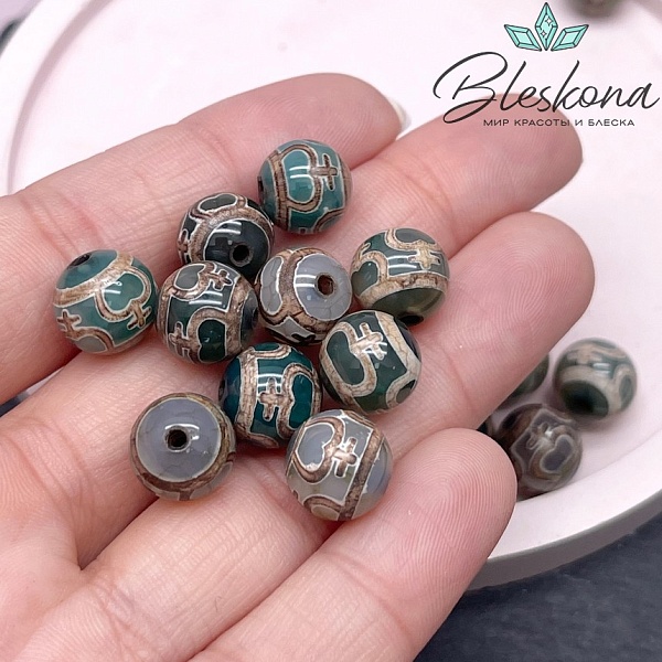 Бусина Дзи Нектарный сосуд изобилия зелено-коричневый шар 10 мм уп.10 шт.