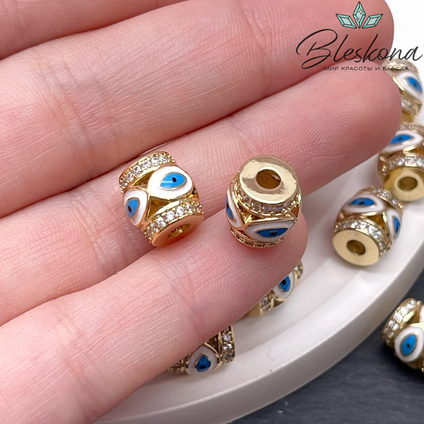 10*9,5 мм Цвет золото, Бусина бочонок глаза цирконы синяя эмаль
