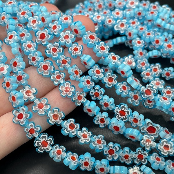 Муранское стекло синее цветок красный  8 мм