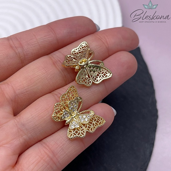 17*21 мм Цвет золото, Бусина бабочка с цирконами  