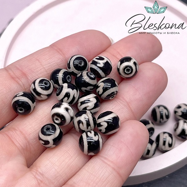 Бусина Дзи Зеленая тара черно-белый шар 8 мм уп.15 шт