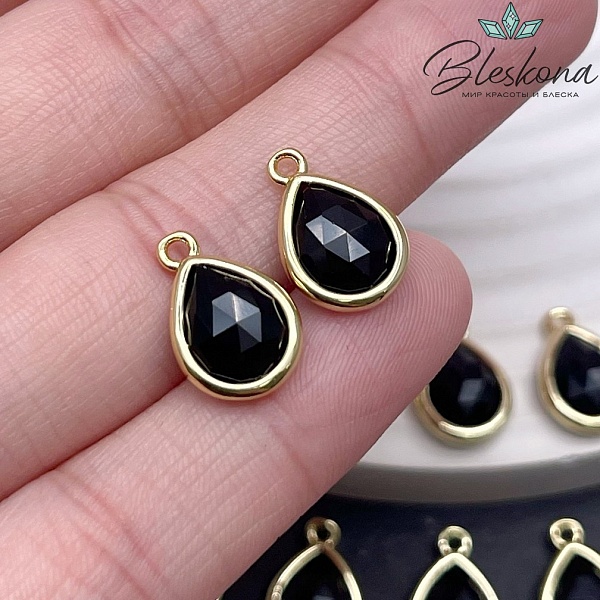 14*9,5 мм Цвет золото, Подвеска капля Черный Агат огранка