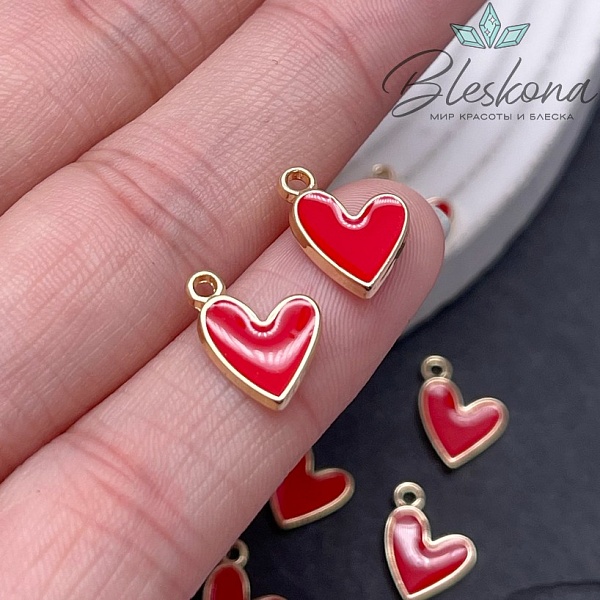 10*12,5 мм Цвет золото, Подвеска Сердце красная эмаль