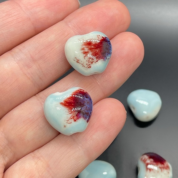 17 мм Бусина сердце, керамика цвет голубой рисунок