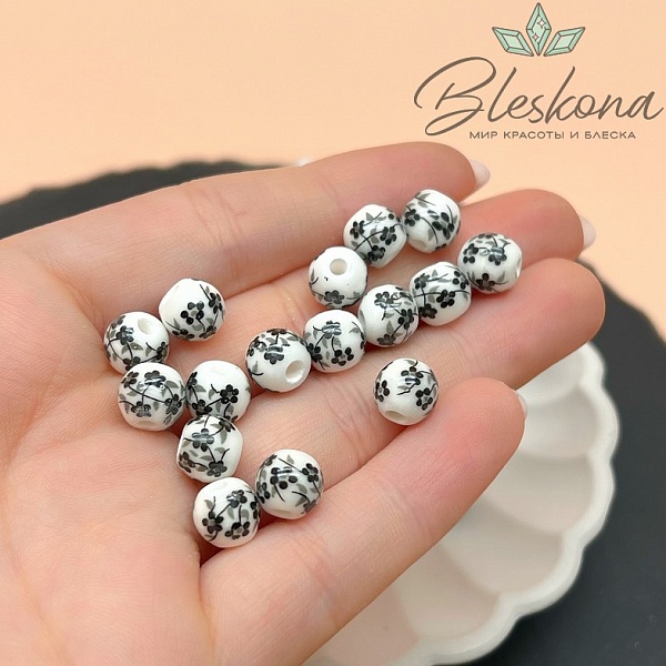 8 мм Керамика Бусина роспись гжель №7 (штучно)