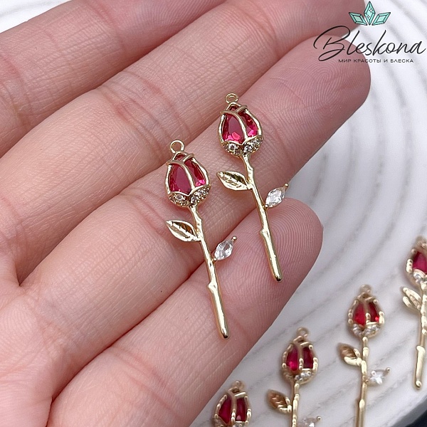 26,6*7 мм Цвет золото, Подвеска Роза розовый циркон