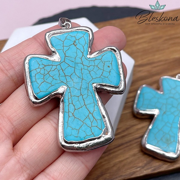 48*63 мм Цвет серебро, Подвеска крест Магнезит тонированный в обрамлении