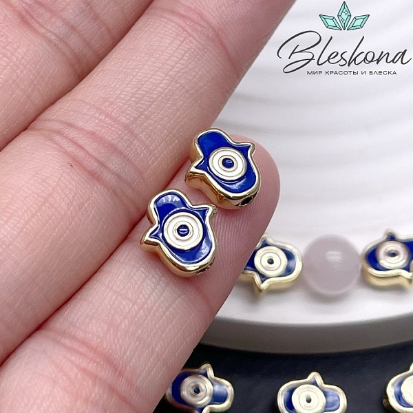 9,5*9 мм Цвет золото, Бусина рука Фатимы синяя эмаль