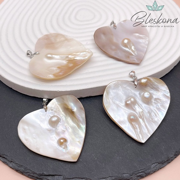 47 мм Цвет серебро, Перламутровая подвеска сердце с жемчугом