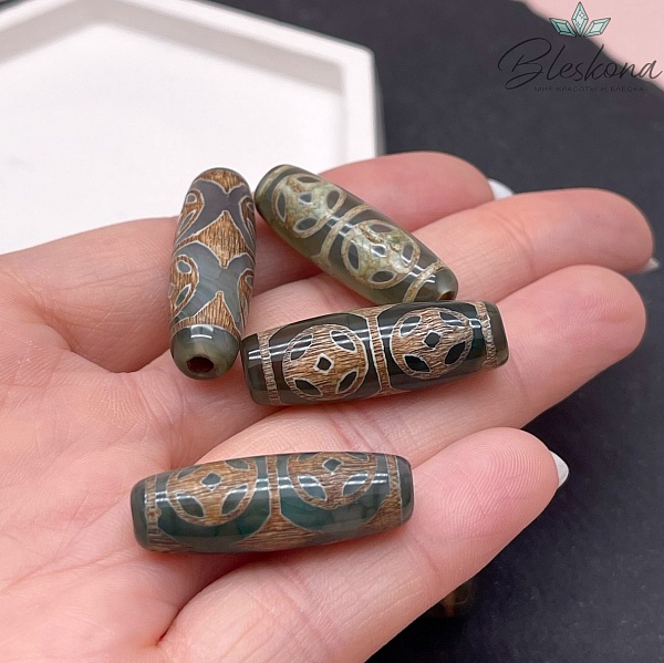 Бусина Дзи 4 монеты зелено-коричневый бочонок 30*11 мм