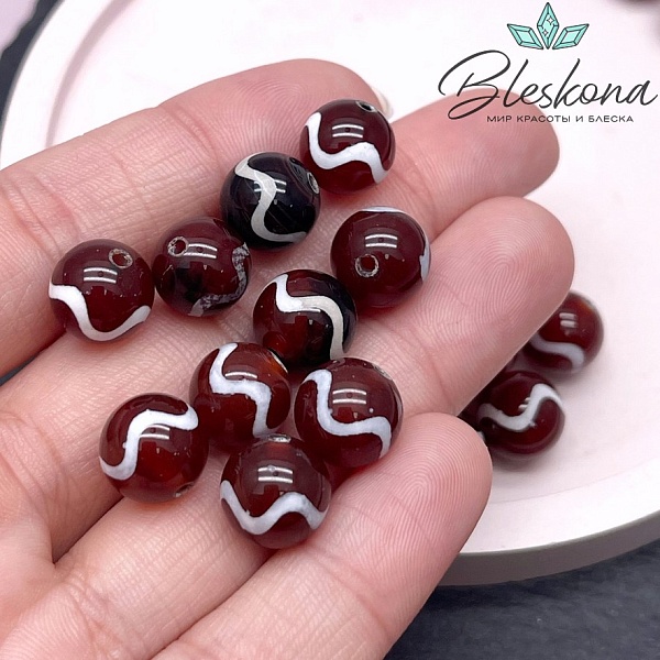 Бусина Дзи Волна бело-коричневый шар 10 мм уп.10шт.