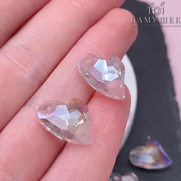 16,5*14 мм, Подвеска сердце стекло белое с переливом (Shimmer B) уп. 2 шт