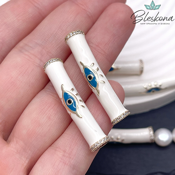 36,6*6,7 мм Цвет золото, Бусина трубочка глаз белая эмаль цирконы