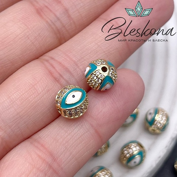 8,5 мм Цвет золото, Бусина с глазком бирюзовая эмаль