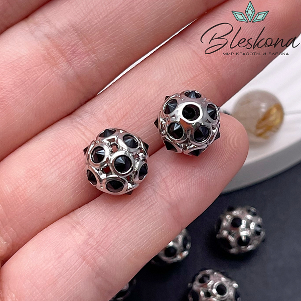 10,5 мм Цвет серебро, Бусина шар черные цирконы