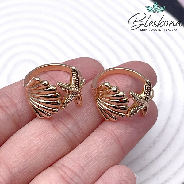 22,5 мм Цвет золото, Кольцо безразмерное ракушка и морская звезда 