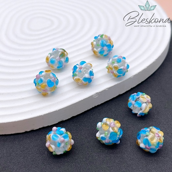 12 мм  Бусина шар цветок голубой
