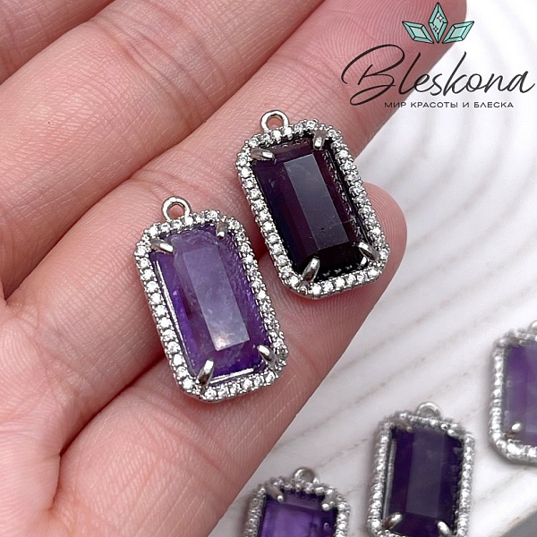 12*21мм, цвет серебро ,Подвеска Прямоугольник Аметист в обрамлении цирконы