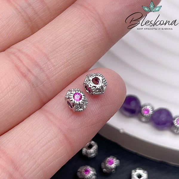 3,8*5,6 мм Цвет серебро, Бусина-разделитель розовый циркон