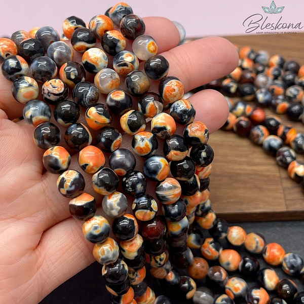 Агат черный оранжевые разводы огранка 8 мм