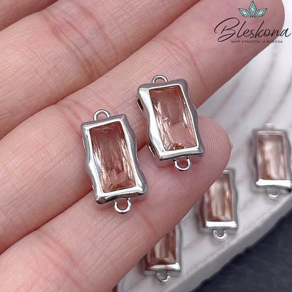 17,5*8,5 мм Цвет серебро, Коннектор прямоугольник бледно-розовый циркон