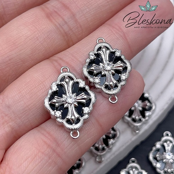 21,7*15 мм Цвет серебро, Коннектор Крест цирконы, черная керамика