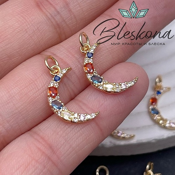 17,5*10 мм Цвет золото, Подвеска полумесяц цветные цирконы