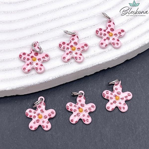 16*13,5 мм, Цвет серебро, Подвеска Цветок розовая эмаль