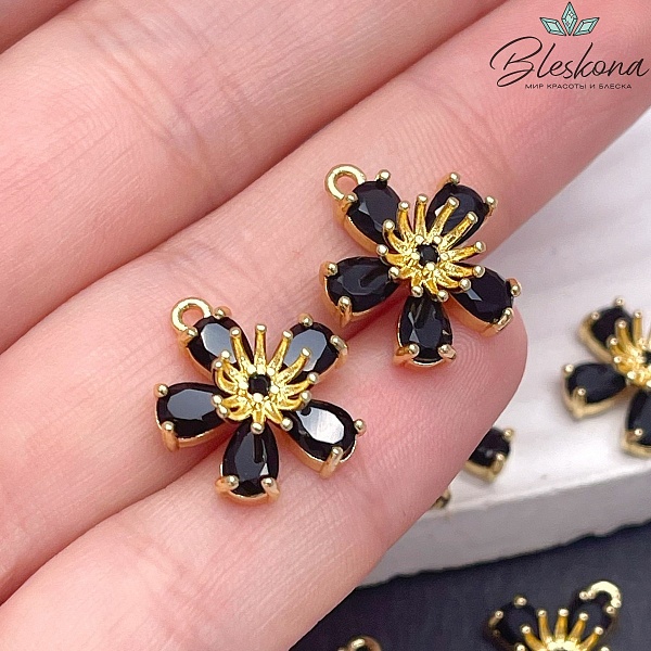 14мм, Цвет золото, Подвеска цветок  черный циркон