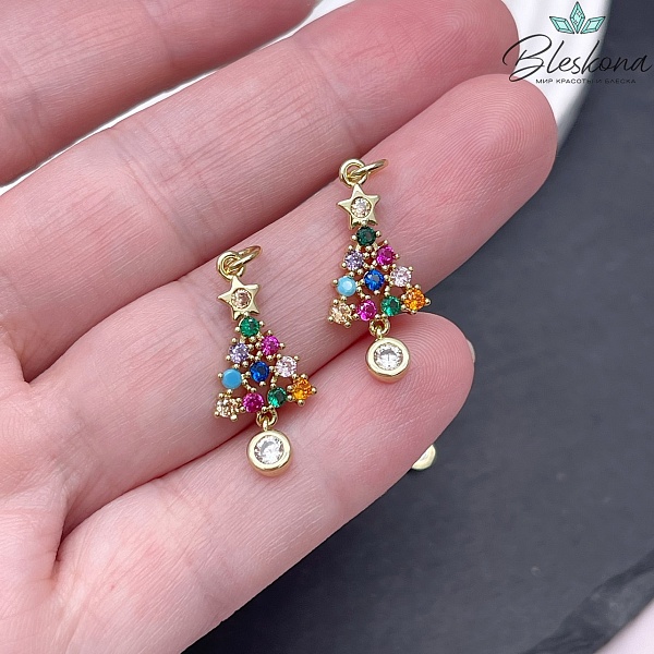 22*11 мм Цвет золото, Подвеска Елка разноцветные цирконы