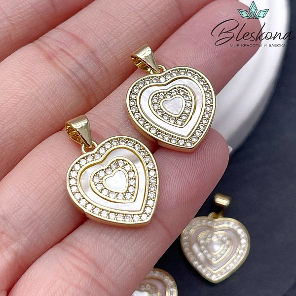 16,5*16 мм Цвет золото, Подвеска Сердце белый перламутр с цирконами 