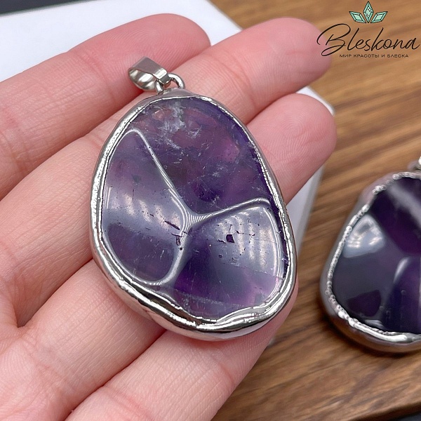 (29-30)*(44-45) мм, Цвет серебро, Подвеска фриформ Аметист в обрамлении 