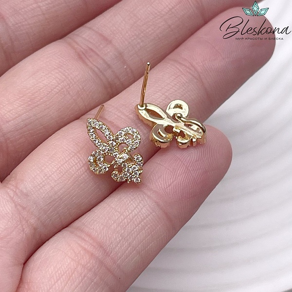 15*11 мм Цвет золото, Пусеты Королевская лилия цирконы