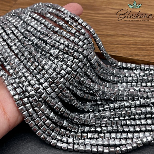 4 мм Гематин имитация, цвет темное серебро, куб мягкие грани