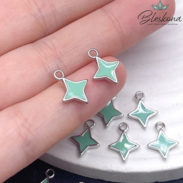 Подвеска Северная Звезда  эмаль тиффани,цвет серебро 10*13мм