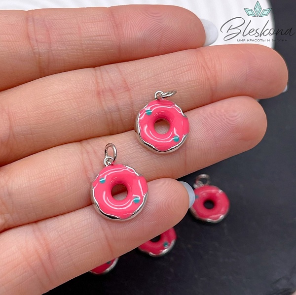 12,8 мм Цвет серебро, Подвеска пончик розовая эмаль