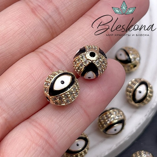 10,5 мм Цвет золото, Бусина с глазком черная эмаль