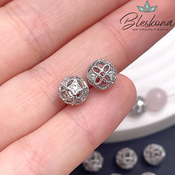 8 мм Цвет серебро, Бусина шар ромбики цирконы