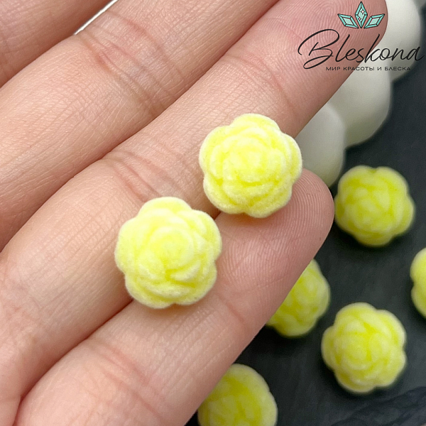 12мм Бархатная бусина Цветок - Роза, Цвет желтый