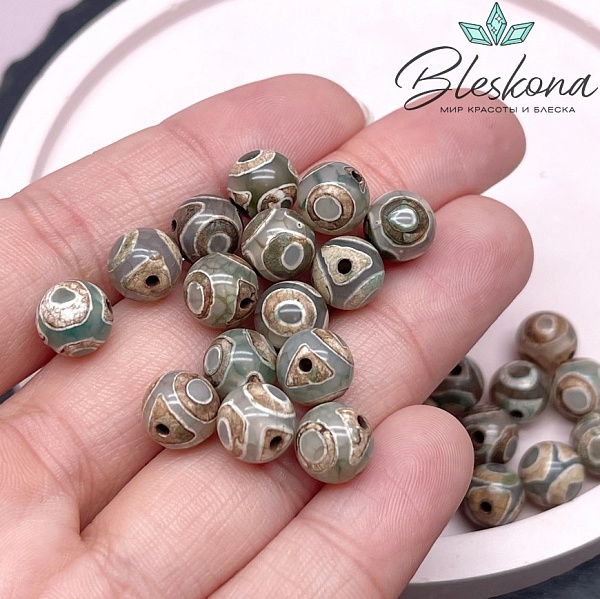 Бусина Дзи 3 глаза зелено-коричневый шар №1 8 мм уп.15 шт.