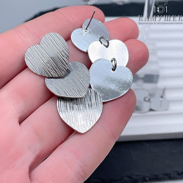 Пусеты сердце полосы 3 ряда, цвет серебро 45*18,6 мм